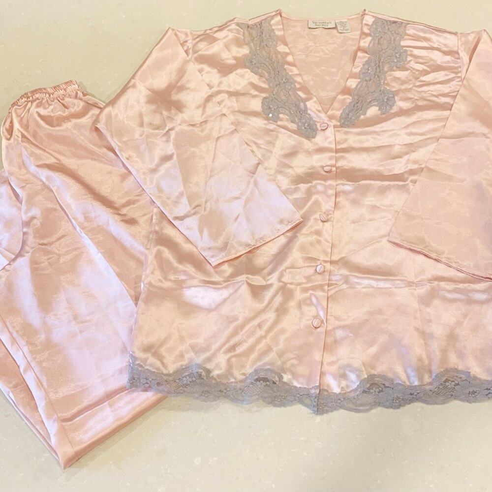 Vintage Victoria's Secret Gold Label Pajama Set Pink Satin Lace Small